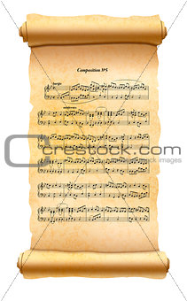 Old textured scroll with musical composition sheet isolated on white