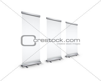 Three blank realistic roll-up banners with shadow in perspective view on white