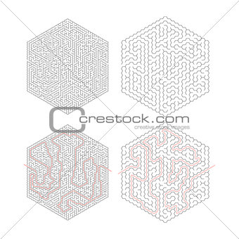 Two complicated hexagon-shape labyrinths with red path of solution isolated on white