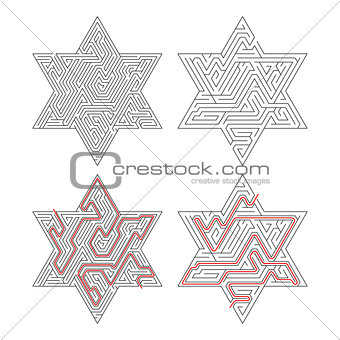 Complicated star-shaped labyrinths with red path of solution isolated on white