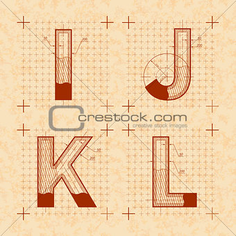 Medieval sketches of I J K L letters. Retro style font on old yellow textured paper