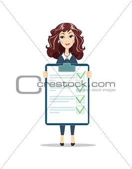 Businesswoman with a clipboard with green tick .