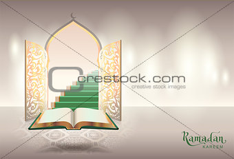 Ramadam kareem text greeting card. Open book of Koran and gateway to paradise