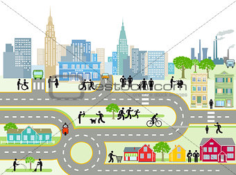 City with people and streets, illustration