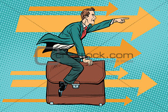 businessman flying on a leather business briefcase