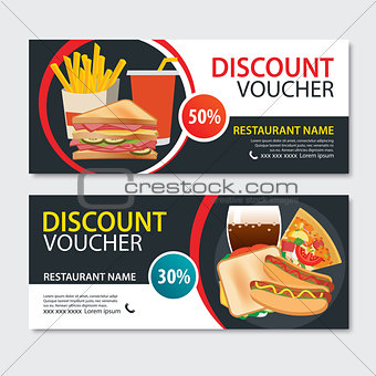Discount voucher fast food template design. Set of pizza, sandwi