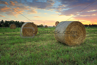 Hay bales in the Hawkesbury fields with a pretty sunrise sky beh