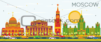 Moscow Skyline with Color Buildings and Blue Sky.
