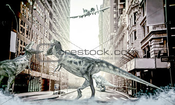 dinosaurs fighting in the city center