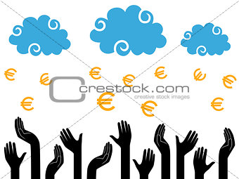 Euro Money falling from the clouds in the human hands