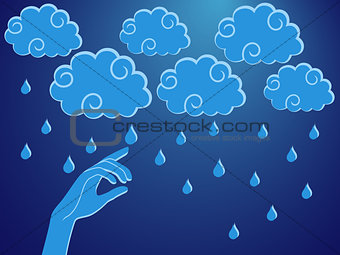 Human hand touching a rain droplet