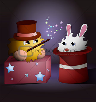 A cartoon magician and a rabbit inside magic hat