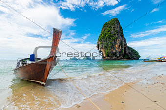 Sunny day, seascape coast of Thailand resort and traditional boa