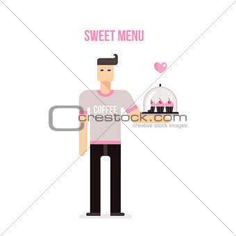 Young man with tray bringing delicious cupcakes on white background