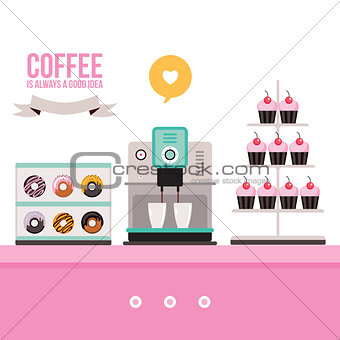 Delicious sweet desserts Donuts Cupcakes Coffee machine on pink table