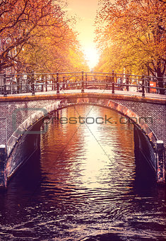 Bridge over channel in Amsterdam Netherlands autumn