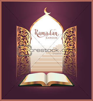 Ramadan Kareem lettering text and open book, door