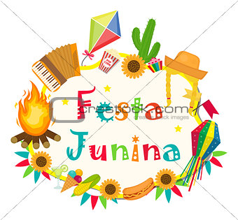 Festa Junina frame with space for text. Brazilian Latin American festival blank template for your design, isolated on white background. Vector illustration.