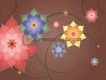 Colorful bright flowers on a delicate chocolate background.