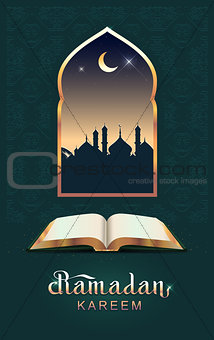 Ramadan kareem open book koran and moon