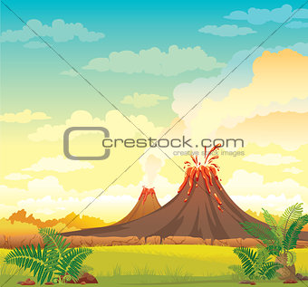Prehistoric landscape - smoky volcanoes.