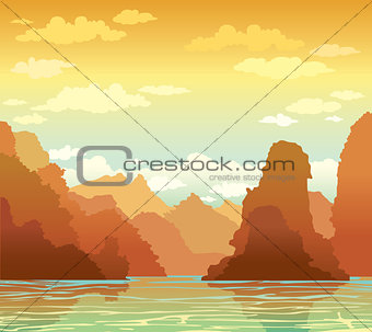 Limestone rocks and sea bay on sunset sky.