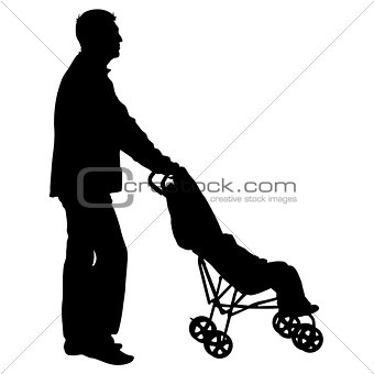 Black silhouettes father with pram on white background. Vector illustration