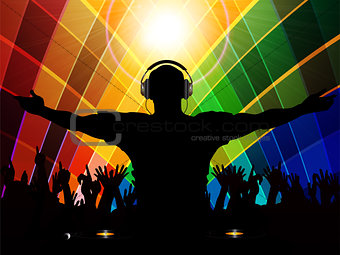 DJ and crowd silhouette on multicoloured background