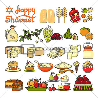 Happy Shavuot icon. Set of cute various Shavuot icons.