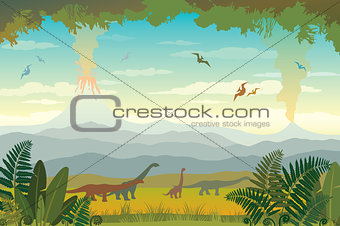 Prehistoric animals and landscape. Silhouette of dinos.