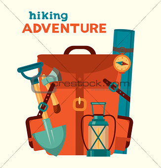 Hiking adventure. Red camping backpack.
