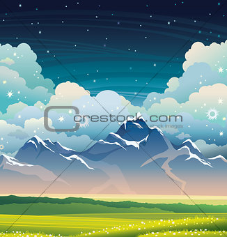 Night landscape - mountains, grass and flowers.