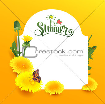 I love summer lettering text. Yellow flower dandelion and butterfly