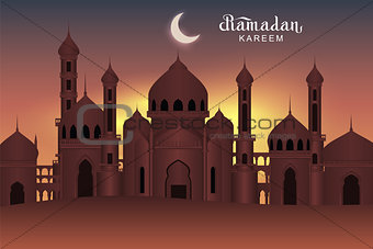 Arab night holy city mosque. Ramadan Kareem greeting card