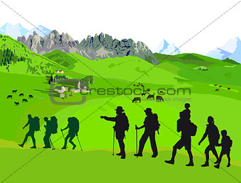 Hiking in the mountains, illustration