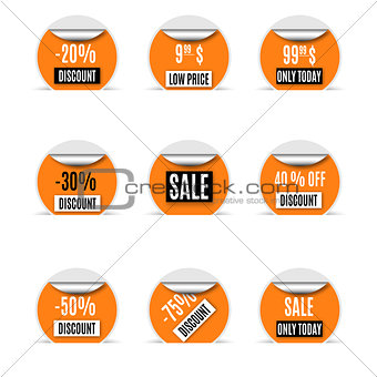 Set of yellow paper stickers of discount and sale, vector illustration.