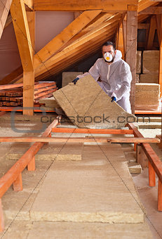 Man places rockwool thermal insulation between wooden scaffoldin