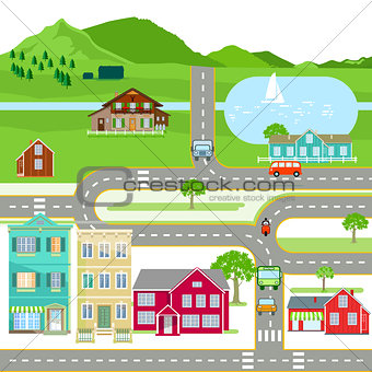Scene with houses and road traffic, illustration