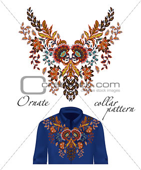 Vector embroidery ethnic flowers neck pattern. Orange flower design graphics fashion wearing