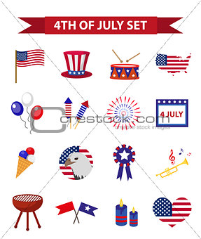 Set of patriotic icons Independence Day of America. July 4th collection of design elements, isolated on white background. Vector illustration, clip-art.