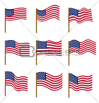 Set of flags of United States of America isolated on white background. Independence Day, July 4, concept. Vector illustration.