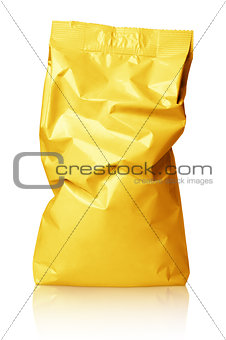 Crumpled blank golden foil bag package isolated on white