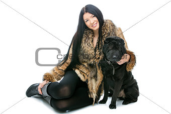 Girl with black shar pei dog