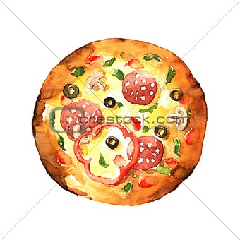 Pizza. Watercolor hand-drawn illustration