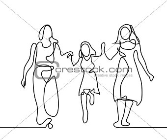 Family with mother, grandmother and girl walking