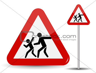 Road sign Warning Children. In the Red Triangle running kids. Vector Illustration.
