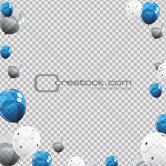 Group of Colour Glossy Helium Balloons Isolated on Transperent  Background. Set of Silver, Blue, White with Confetti Balloons for Birthday, Anniversary, Celebration  Party Decorations. Vector Illustration