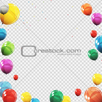 Group of Colour Glossy Helium Balloons Isolated on Transperent  Background. Set of  Balloons and Flags for Birthday, Anniversary, Celebration  Party Decorations. Vector Illustration