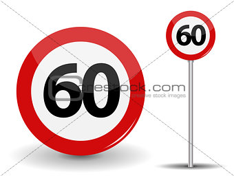 Round Red Road Sign Speed limit 60 kilometers per hour. Vector Illustration.