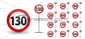 Round Red Road Sign Speed limit 10-130 kilometers per hour. Vector Illustration.